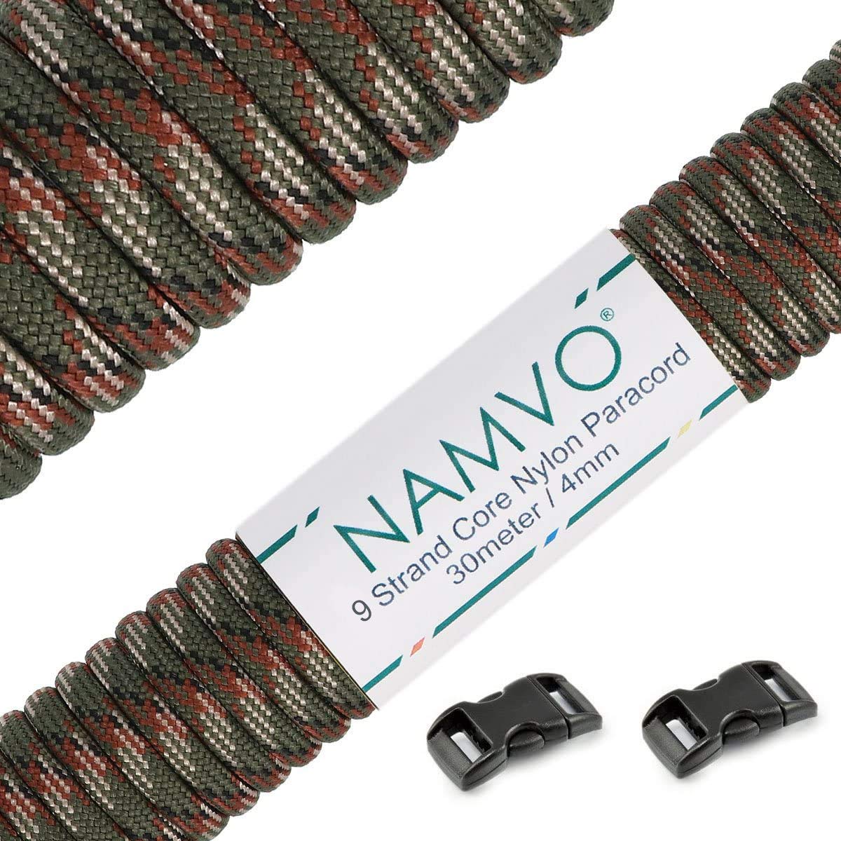 Namvo Mil Spec Type III Nylon Parachute Cord, 9 Inner Strands Strong Breaking Strength 4mm Diameter 100 Feet 550 Paracord Deep Camo