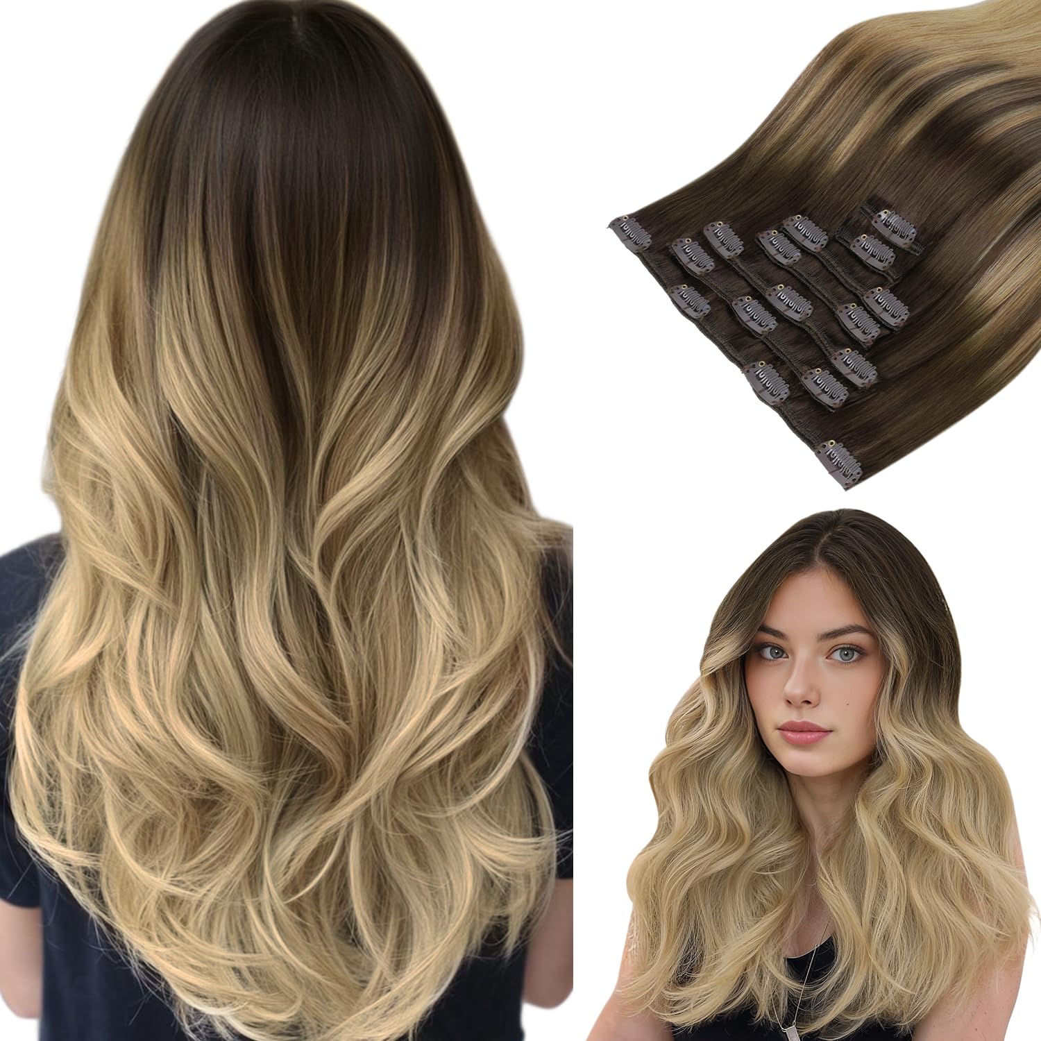 Clip in Hair Extensions, hotbanana Chocolate Brown to Dirty Blonde Clip in Hair Extensions Real Human Hair Straight Remy Hair Clip in Hair Extension 24 inch 120g 7pcs — image 1