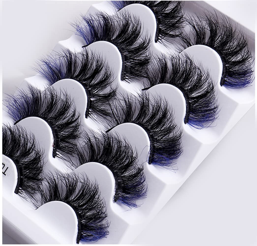 Colored Lashes, 5D False Lashes with Color Faux Mink Eyelashes Wispies Fluffy Colored Eyelashes Dramatic Strip Lashes for Christmas Cosplay Costumes Fake Eyelashes 5 Pairs Pack (Blue)