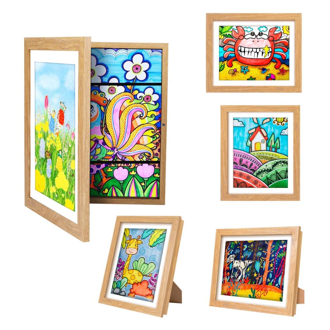 Kids Art Frames,10x12.5 Front Opening Kids Artwork Frames Changeable, Displays 8.5x11 or 9x12 With Mat, Holds 50 Pcs, for 3D Picture,A4 Artwork,Crafts, Childrens Drawing,Art Projects Storage(Wood)
