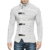 Karlywindow Men's Cable Knitted Oplique Zip Button Front Long Sleeve Cardigan Sweater