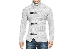 Karlywindow Men's Cable Knitted Oplique Zip Button Front Long Sleeve Cardigan Sweater