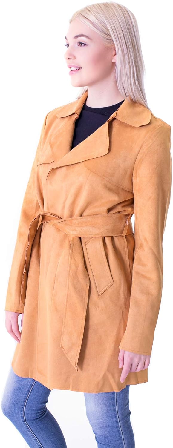 Solitaire Faux Suede Trench Coat Jacket (Large, Mustard
