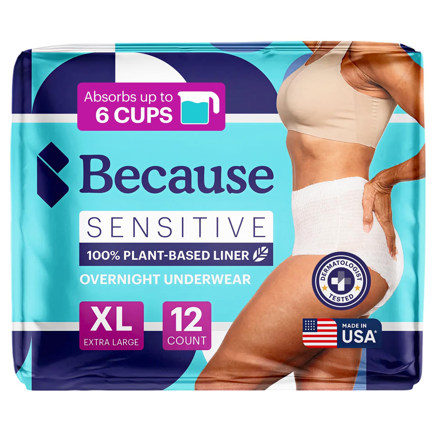 Photo 1 of Because Adult Incontinence Underwear for Sensitive Skin - Women - Premium Overnight Disposable Briefs, Anti Odor - White, X-Large - Absorbs 6 Cups - 12 Count (Pack of 1)