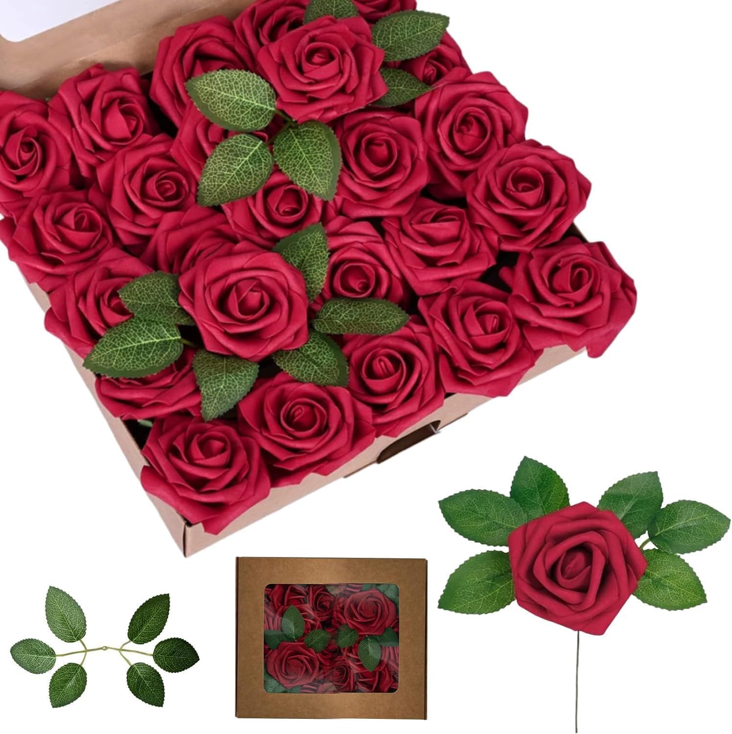 Malloom 50Pcs Artificial Flowers Rose, Real Looking Foam Fake Roses with Stems for DIY Wedding Flower Bouquets Party Baby Shower Home Decoration (Red)