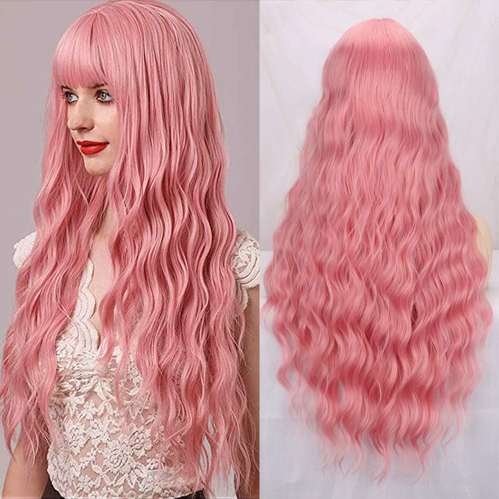 YEESHEDO 28 Inch Long Hair Pink Wigs for Women Natural Curly Wavy Synthetic Wigs with Fringe for Party Cosplay or Daily Wear