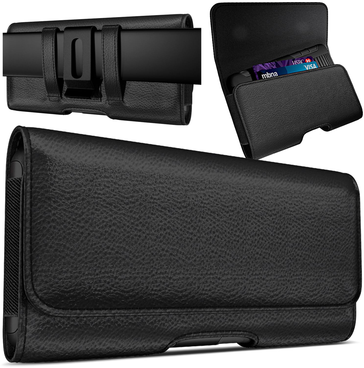 PiTau Holster for iPhone 17, 17 Pro, 16, 16 Pro, 15, 15 Pro, 14, 14 Pro, 13, 13 Pro, 12, 12 Pro, 11, Xs, 11 Pro, X, XR, Cell Phone Belt Holder Case with Clip, ID Credit Card Slot Pouch Cover, Black