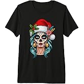 Christmas Sugar Skull Art Woman Santa Hat Festive for Girls Premium Tri-Blend T-Shirt