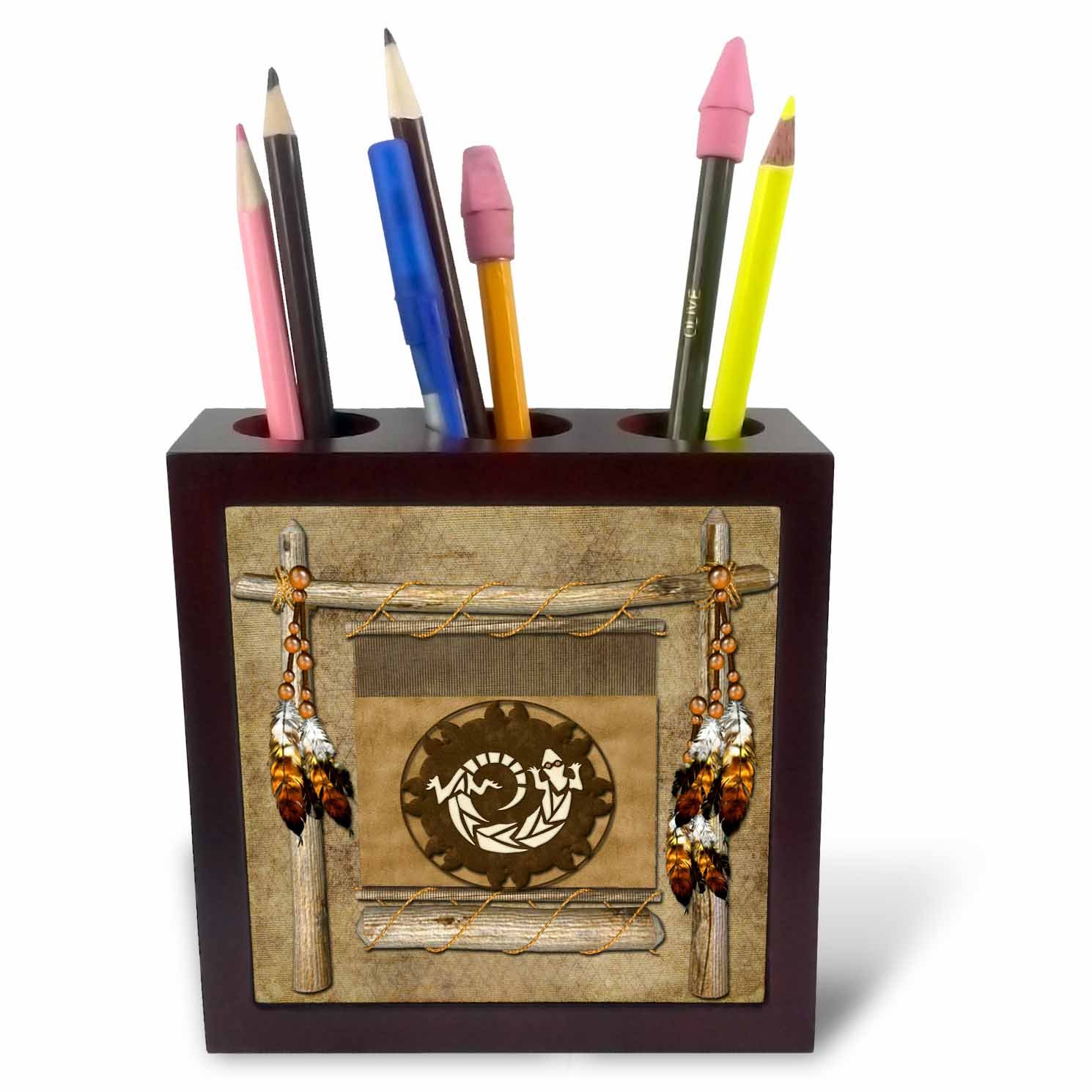 3dRose Raw Hide Look Background with Tribal Indian Artifacts and Blanket-Tile Pen Holder, 5-Inch (Ph_218762_1), 5 Inches