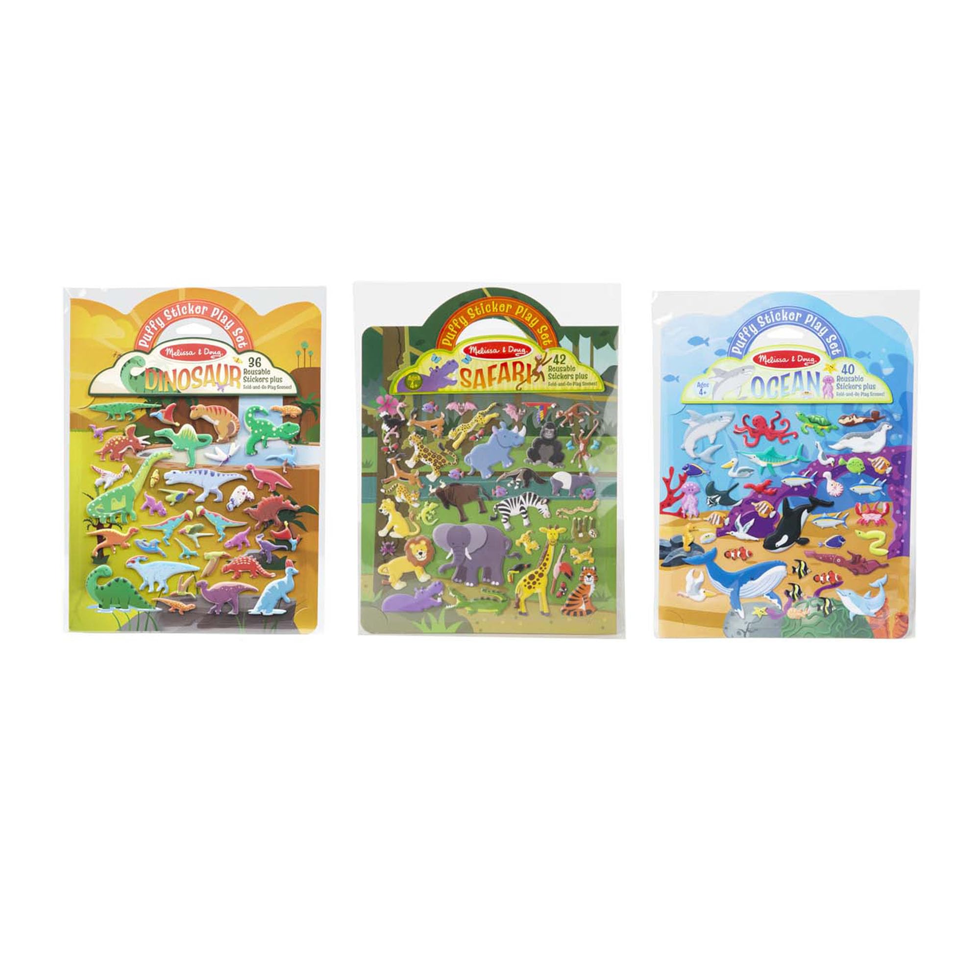Photo 1 of Melissa & Doug Puffy Sticker Activity Books Set of 3 – Safari, Dinosaur & Ocean, with 118 Reusable Puffy Stickers and Fold-Out Scenes, Mess Free Play Set & Travel Toys for Kids Ages 4+ - FSC Certified
