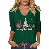 Vircreate Womens 3/4 Sleeve V Neck Christmas T-Shirts Merry Christmas Leopard Plaid Tree Graphic Tee Tops