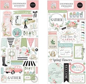 Carta Bella Paper Collection Bundle: Flower Garden 6” x 13” Sheet of Chipboard Accents + Flower Garden 6” x 13” Sheet of Chipboard Phrases