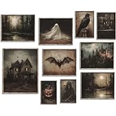 Vodefoad 10Pcs Halloween Wall Art Prints Dark and Moody Halloween Print Set Mysterious Raven Gallery Wall Decor Skeletons Picture Decorations for Gallery Living Room Bedroom Kitchen Office Unframed