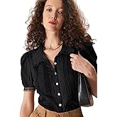 RIHOAS Women's Button Down Shirts Black Chelsea Collar Lace Trim Puff Short Sleeve Cotton Blouse Dressy Casual Going Out Tops