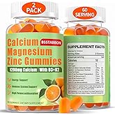 Calcium Magnesium Zinc Gummies for Adult: 1200mg Calcium Citrate 400mg Magnesium Glycinate with D3 B12 - Sugar Free High Absorption Supplement for Women Men (60 Count(Pack of 2))