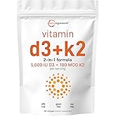 Micro Ingredients Vitamin D3 5,000 IU + K2 MK-7 100 mcg, 180 Softgels | 2-in-1 Formula | Easy to Swallow, Non-GMO