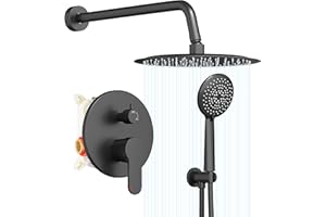 Gabrylly Shower System Black, Pressure Balance Shower Faucet Set, 10" Stainless Steel Rain Shower head with 5-Mode Handheld Shower Spray Combo,High Pressure Rainfall Shower Head Set, Matte Black