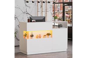 PAKASEPT 59" Large Reception Desk with LED Lights, Modern Reception Table with Light & Glass Display Shelf, Wooden Checkout Counter for Lobbies, Salons, Retail, Home Offices