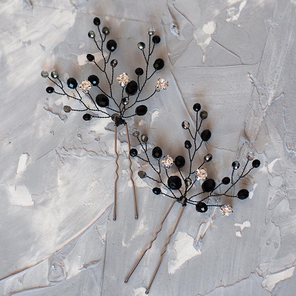 Kercisbeauty 2pcs Bridal Wedding Black Crystal Hair Pins Headpiece Set for Women Special Occasion Girls Prom Jewelry