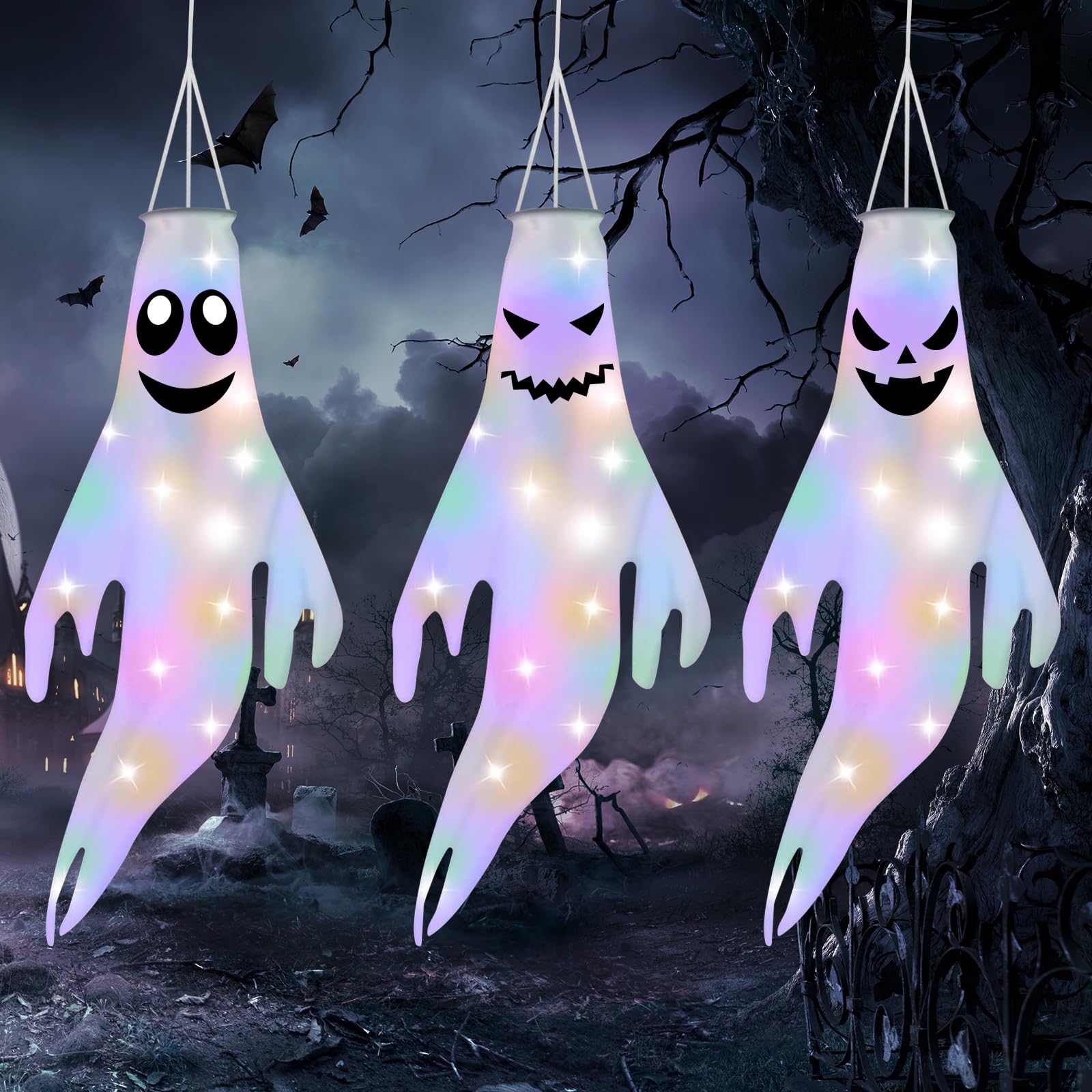 OFFCUP Halloween Windsocks, 3PCS Ghost Windsock with LED Colorful Lights, Hanging Decoration Flying Ghost Flag Wind Socks for Home Outdoor Indoor Patio Haunted House Party