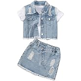 WDIRARA Girl's 2 Piece Outfit Ripped Raw Hem Denim Jacket and Mini Skirt Set
