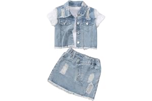 WDIRARA Girl's 2 Piece Outfit Ripped Raw Hem Denim Jacket and Mini Skirt Set