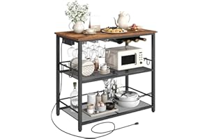 MAHANCRIS 35.4" Kitchen Island, Kitchen Storage Rack with Power Outlet, Microwave Stand with Wine Rack, 3 Tier Coffee Bar Station for Dining Room, Rustic Brown and Black KIHR91E01