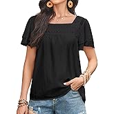 Falechay Womens Tops Summer Boho Blouses Short Sleeve Square Neck Crochet Lace Trim Casual Chiffon Shirts Double Layers