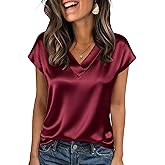 Zeagoo Women Silk Satin Tops Cap Short Sleeve Blouse V Neck Shirts Business Casual Outfits S-2XL