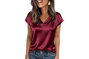 Zeagoo Women Silk Satin Tops Cap Short Sleeve Blouse V Neck Shirts Business Casual Outfits S-2XL