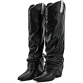 Putu Fold Over Boots for Women Knee High Cowboy Boots Chunky High Heel Tall Boots