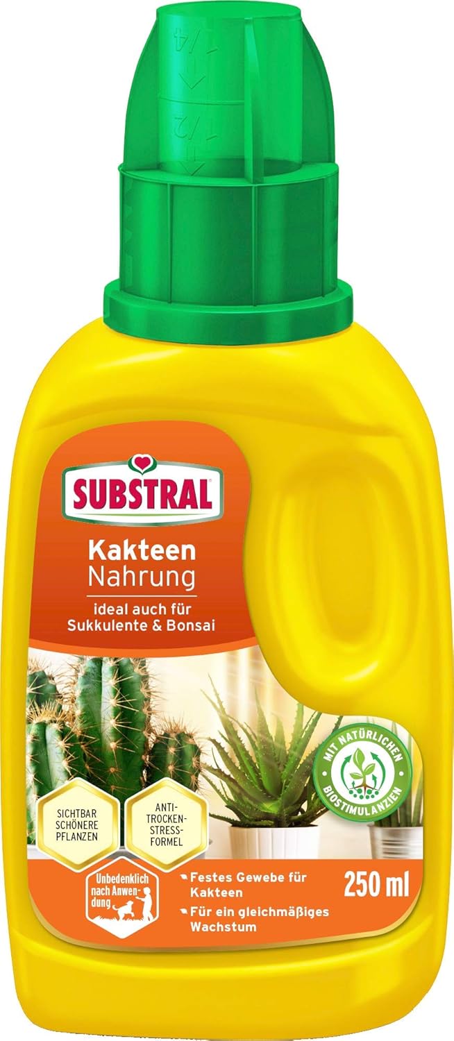 Substral Kakteen Nahrung, Flüssige Spezialnahrung für Kakteen, Sukkulente und für Bonsai mit natürlichen Biostimulanzien, 250 ml Flasche