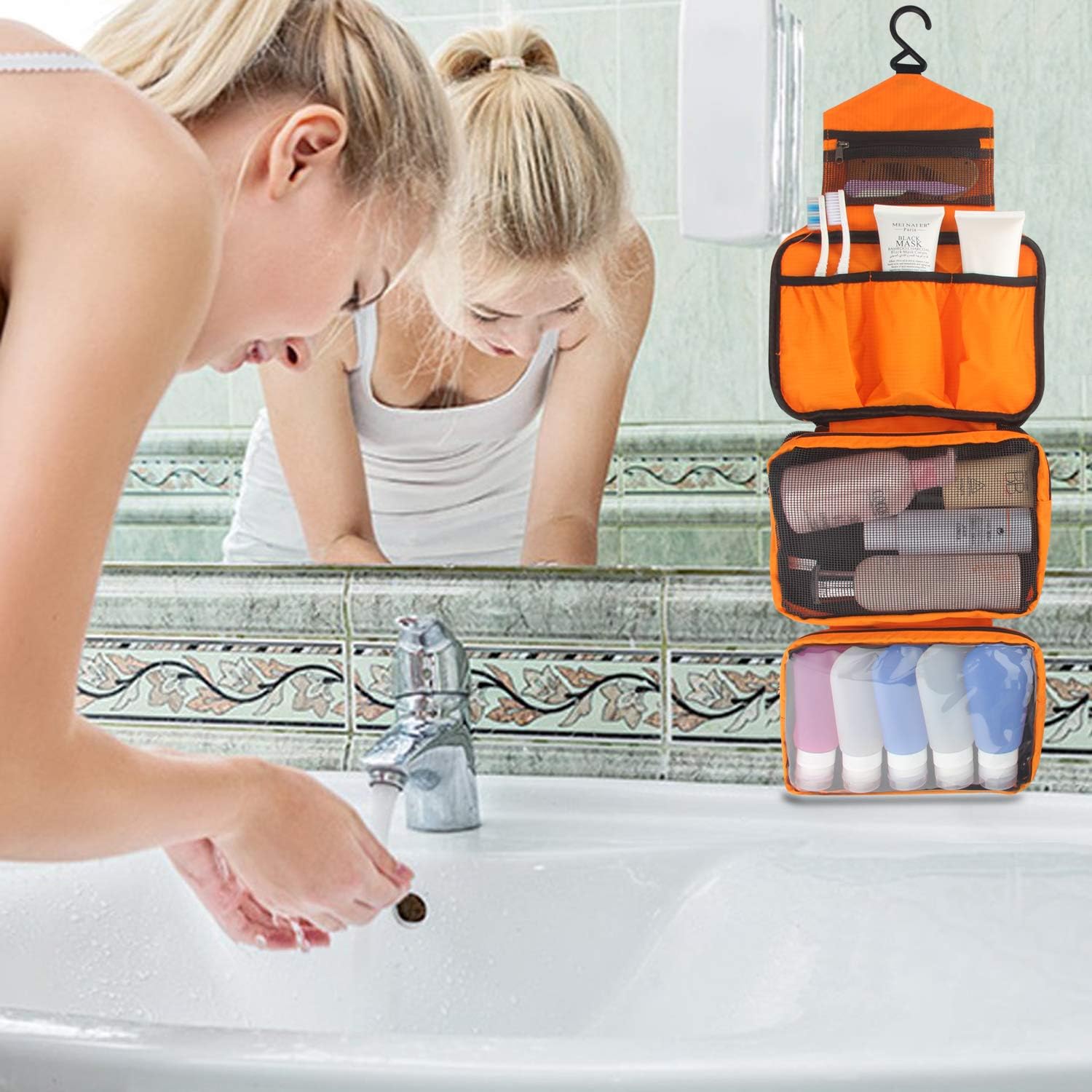 Relavel Cosmetic Pouch Toiletry Bags Travel Business Handbag Waterproof Compact Hanging Personal Care Hygiene Purse (Orange) : Beauty