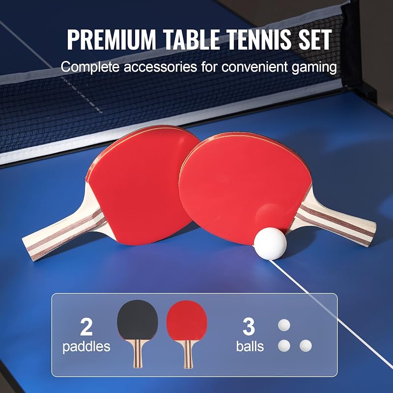 Tischtennistisch Ping-Pong-Tisch, mittelgroße tragbare Tischtennisplatte, Tischtennisplatte aus MDF zusammenklappbar komplettes Set mit Netz, 2 Schlägern, 3 Bällen, Tragetasche, Griff