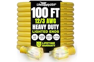 100ft Power Outdoor Extension Cord & Indoor - Waterproof Electric Drop Cord Cable - 3 Prong SJTW, 12 Gauge, 15 AMP, 125 Volts, 1875 Watts, 12/3 by LifeSupplyUSA - Yellow (1 Pack)