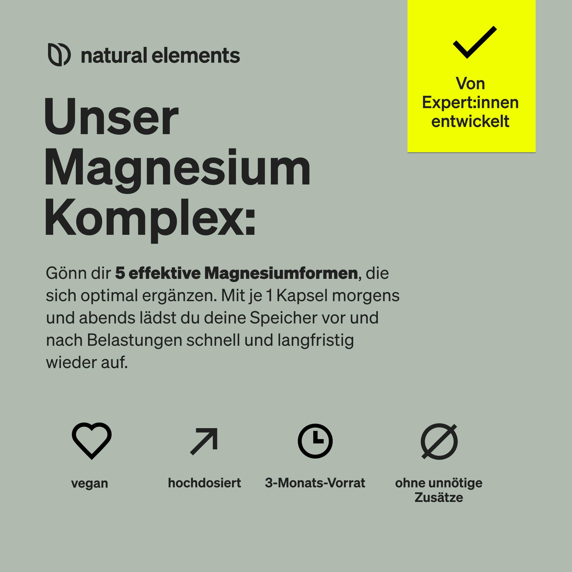 natural elements Magnesium Komplex - Premium: Aus 5 hochwertigen Verbindungen - 400mg elementares Magnesium pro Tagesdosis - Laborgeprüft, vegan, hochdosiert 3