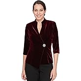 Alex Evenings Womens Velvet Asymmetric Pointed Hem Blouse with Embellished Closure, Formal Event, Party