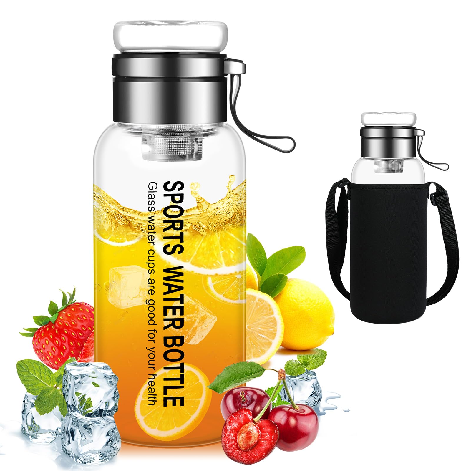 flintronic Glass Water Bottle-1 Liter, Borosilicate Glass Drink Bottle with Stainless Steel Filter, Leak-proof & BPA Free, Tea/Fruit Infuser for Home, School, Travel