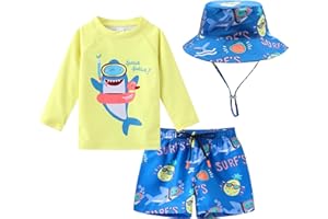 CHILDLIKE ME Toddlers Baby Boys' 3-Piece Swimsuit Trunk Rashguard Set and Sun Hat Swimwear Bathing Suit UPF 50+