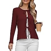 Tie Front Cardigan for Women 2025 Lightweight Cropped Ribbed Knit Shrug Fall Open Front Bow Cardigan Tops