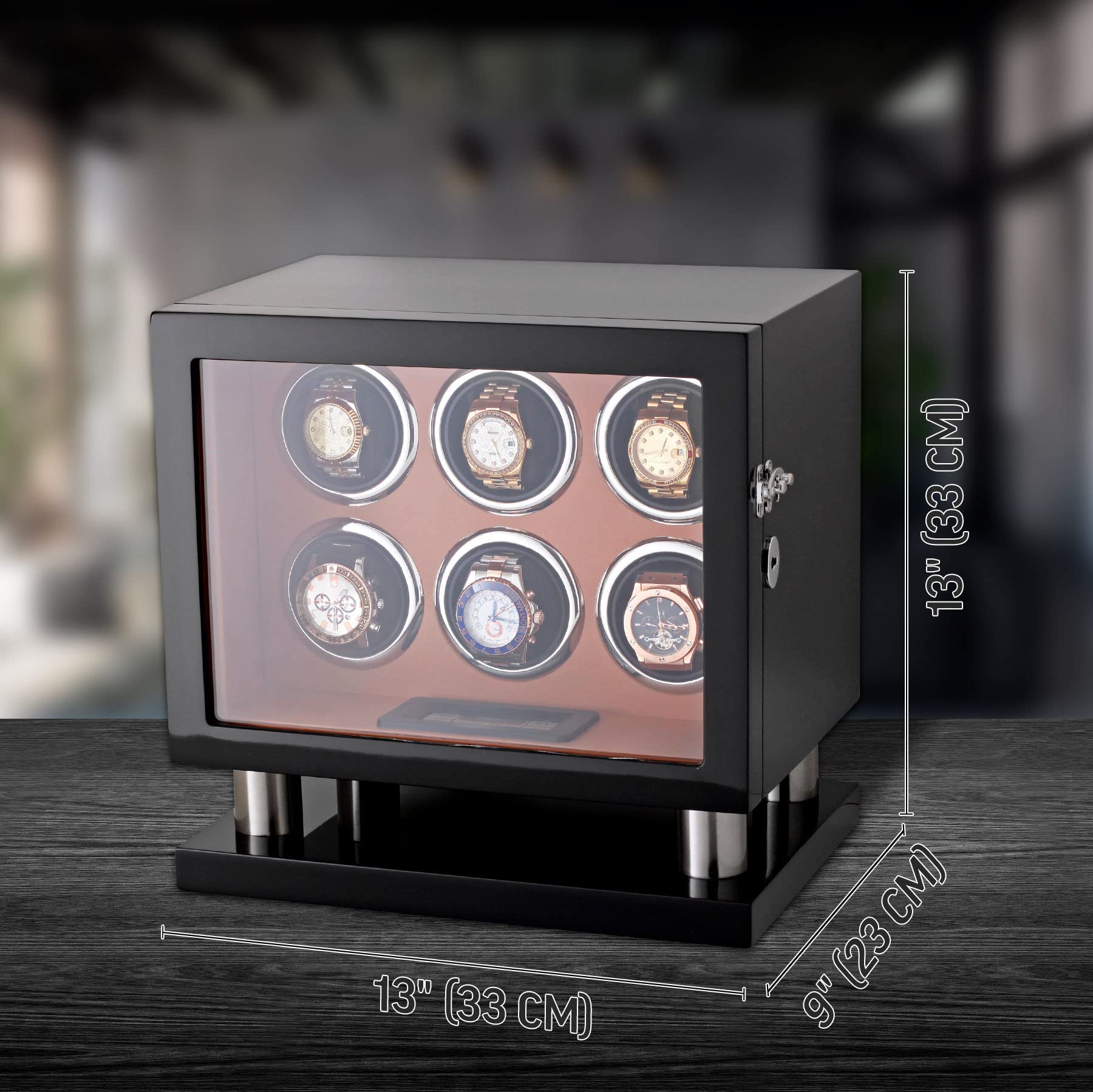 Watch Winder for 6 Watches with LED Backlight, LCD Display and Motor-Stop Option
