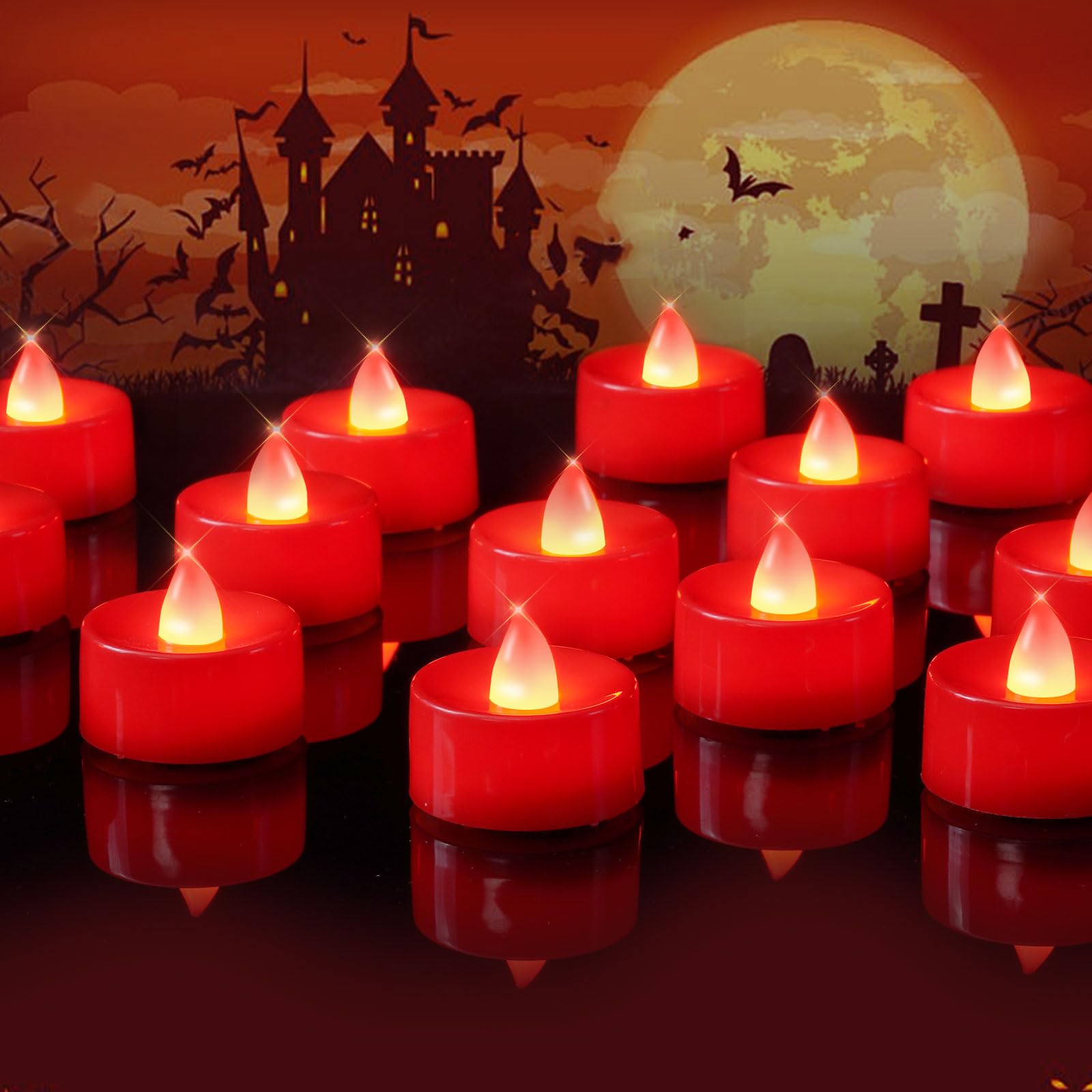 Photo 1 of Raycare Red Tea Lights Battery Operated, 50 Pack Long Lasting Electric Votive Candles, Realistic Fake Flameless LED Tea Lights for Wedding Party Thanksgiving Christmas Halloween Decorations