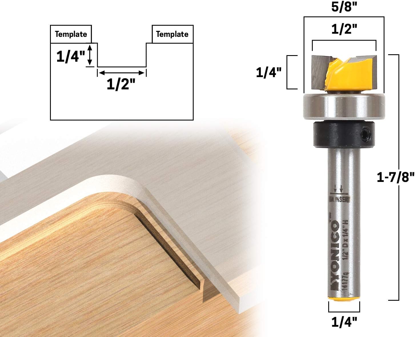 Yonico 14177q 1/2-Inch Diameter Offset Flush Trim Template Router Bit 1/4-Inch Shank, 1/2" x 1/4" - Image 3