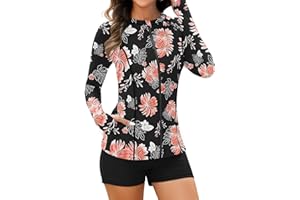 WOWENY Rash Guard Long Sleeve Swimsuits UPF 50+ Sun Protection 2 Piece Swim Shirt Set Bathing Suit with Swim Shorts