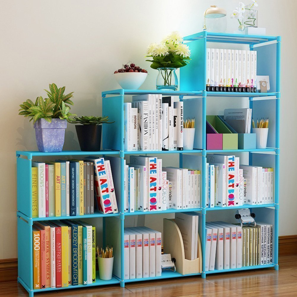 Meflying 4 Tier Bookcase Adjustable Bookshelf with 9-Cube Bookcase Storage DIY Cabinet Waterproof Non-Woven For Home Furniture Kids Study(US STOCK) (Blue)