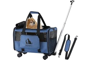 GOODIO Dog Cat Carrier with Wheels Airline Approved Rolling Pet Carrier, Portable Pet Carrier with Telescoping Handle and Detachable, Solid Structure for Pets up to 19 lbs