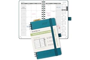 POPRUN Monthly Planner 2025-2026 Pocket Size (4'' x 6.25'') 18 Months Calendar (Jan 2025 - Jun 2026) - 4 Pages per Month with Monthly Expense & Notes, Sunday Start, Leather Cover- Pacific Green