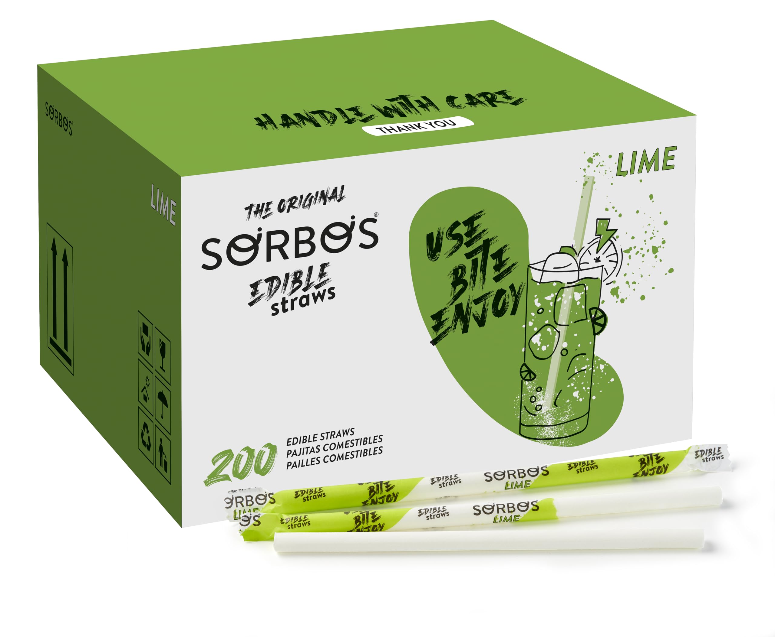 Sorbos - Edible Straws Lime. Sustainable, Individually Packaged, allergen Free, Gluten Free, 100% Biodegradable (Pack of 200)