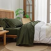 BESTOUCH Sheet Set 100% Washed Cotton Linen Feel Super Soft Comfortable Chic Lightweight 4 Pcs Home Bedding Set Solid Olive Green Queen