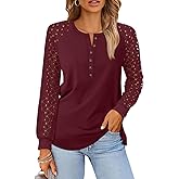 LILLUSORY Womens Lace Long Sleeve Shirts Henley Tops Business Casual Blouses